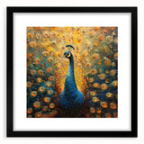 Peacock-themed wall art collection framed in black, showcasing vibrant colors and intricate patterns, perfect for enhancing home decor in living spaces.