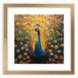 Elegant peacock design wall art framed in gold, showcasing vibrant blue and green feathers, perfect for enhancing home decor with a touch of luxury.