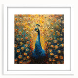 Elegant peacock design wall art framed in white, showcasing vibrant colors and intricate details, ideal for adding a touch of luxury to any interior decor.
