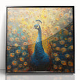 Framed wall art featuring a vibrant peacock design in a black frame, showcasing intricate details and vivid colors, perfect for enhancing home decor and art collections.