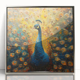 Framed wall art showcasing an elegant peacock design in vibrant colors, set in a silver frame, ideal for enhancing modern home decor with a touch of sophistication.