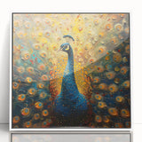 Framed wall art showcasing a vibrant peacock design in rich blues and greens, perfect for adding a touch of elegance to any decor. Ideal for nature lovers and art enthusiasts.