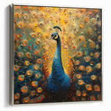 Framed canvas wall art showcasing an elegant peacock design in vibrant hues of blue and green, complemented by a sleek silver frame, ideal for modern decor.
