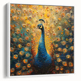 Framed canvas wall art featuring a vibrant peacock design set against a white background, showcasing intricate details and rich colors, perfect for modern home decor.