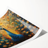 Vibrant peacock design wall art print showcasing intricate detailing and rich colors, rolled for easy framing and display, ideal for enhancing home decor.