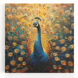 Vibrant peacock design stretched canvas wall art showcasing intricate feather details and rich colors, perfect for enhancing any modern decor setting.