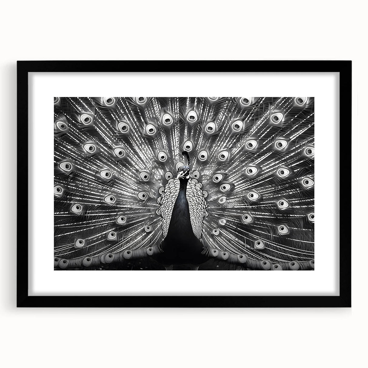 Peacock design wall art framed in black, showcasing vibrant colors and intricate patterns, ideal for enhancing modern home decor aesthetics.
