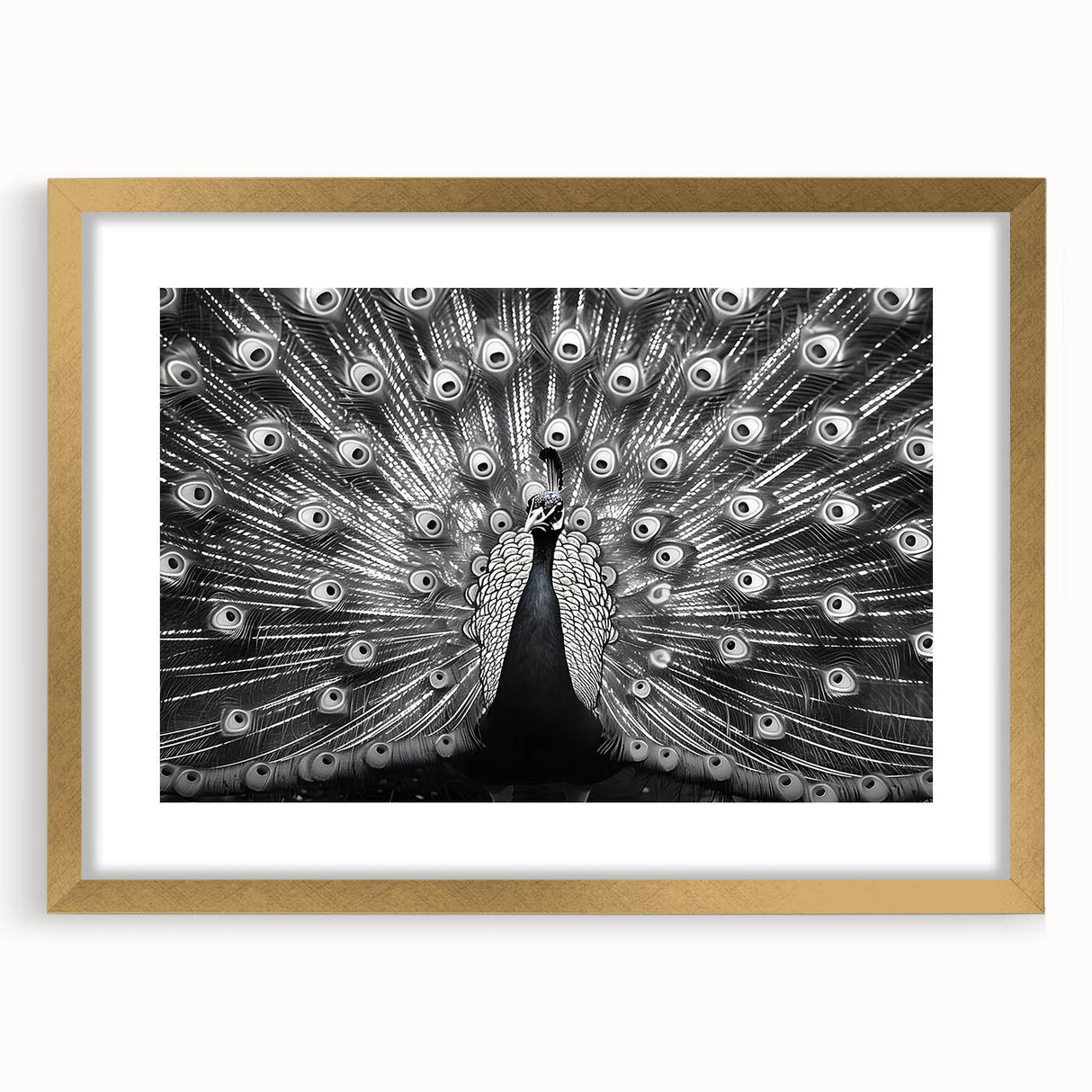 Elegant wall art featuring a peacock design in vibrant colors, framed in gold with a white mat, perfect for enhancing home decor aesthetics.
