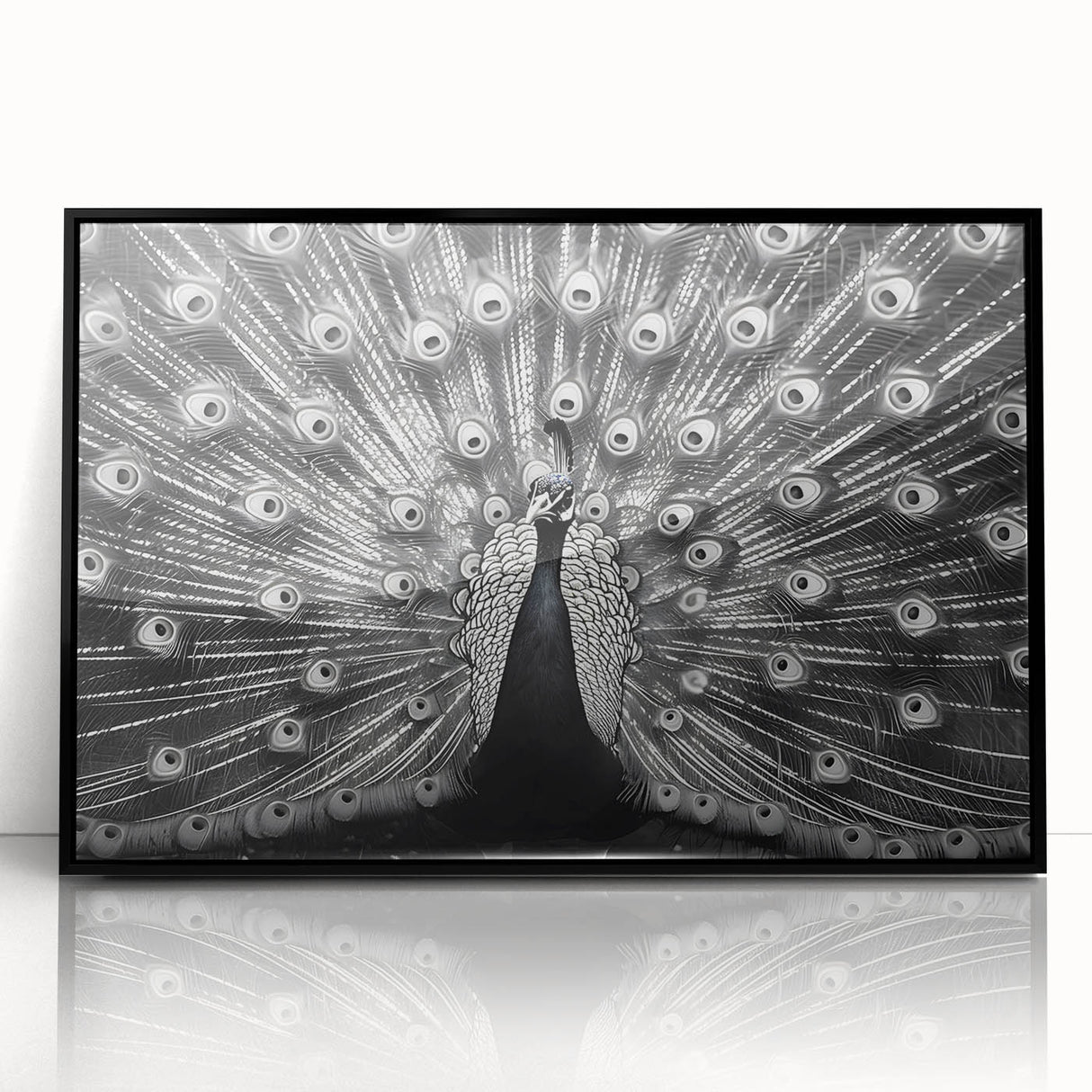 Framed wall art featuring an elegant peacock design in vibrant colors, set against a sleek black background, perfect for adding a touch of sophistication to home decor. Ideal for nature enthusiasts and art lovers alike.