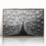 Framed wall art featuring an elegant peacock design with intricate details and a vibrant color palette, set against a sleek gold-acrylic finish for a luxurious touch.