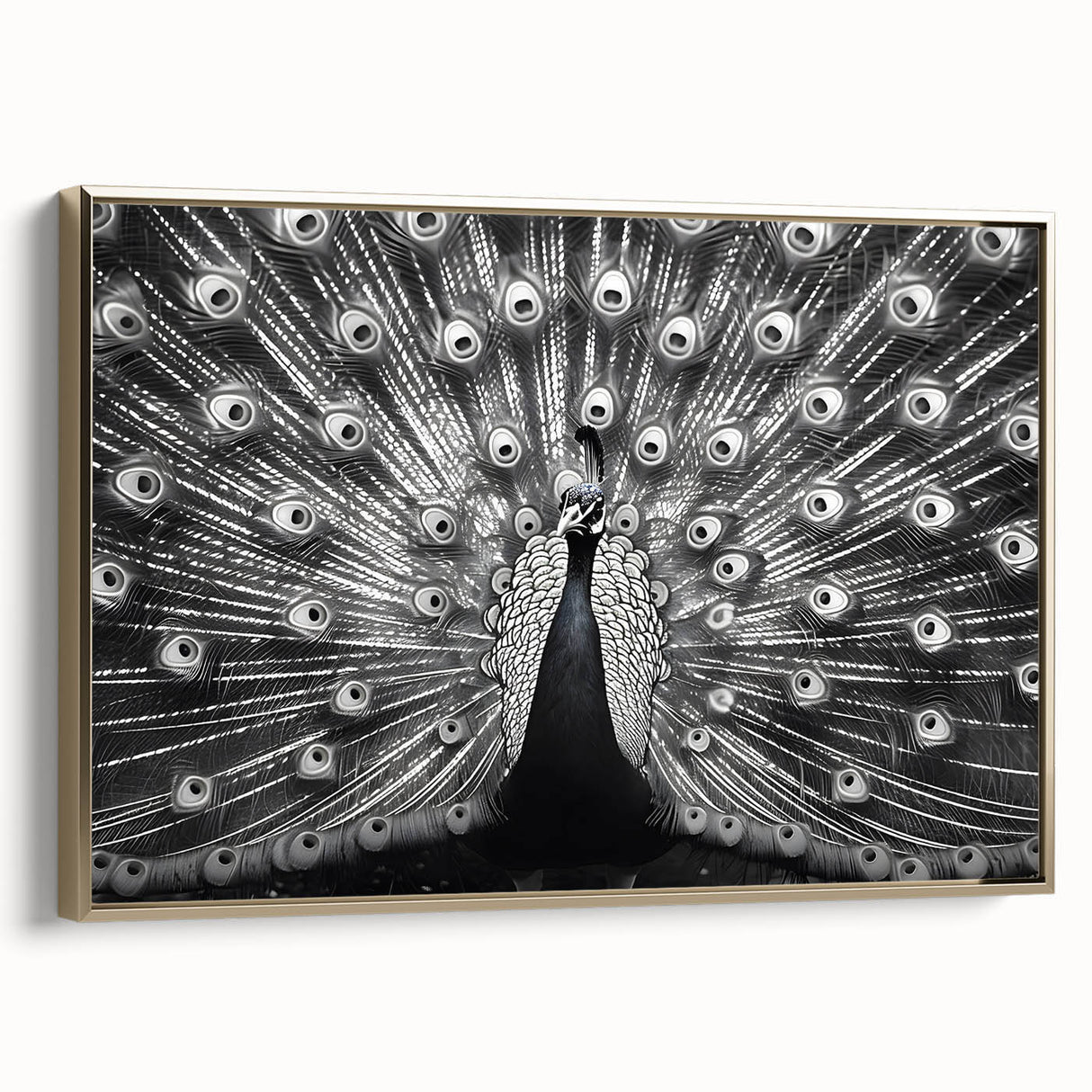 Framed canvas wall art showcasing an elegant peacock design with vibrant gold accents, ideal for enhancing home decor and adding a touch of luxury to any room.