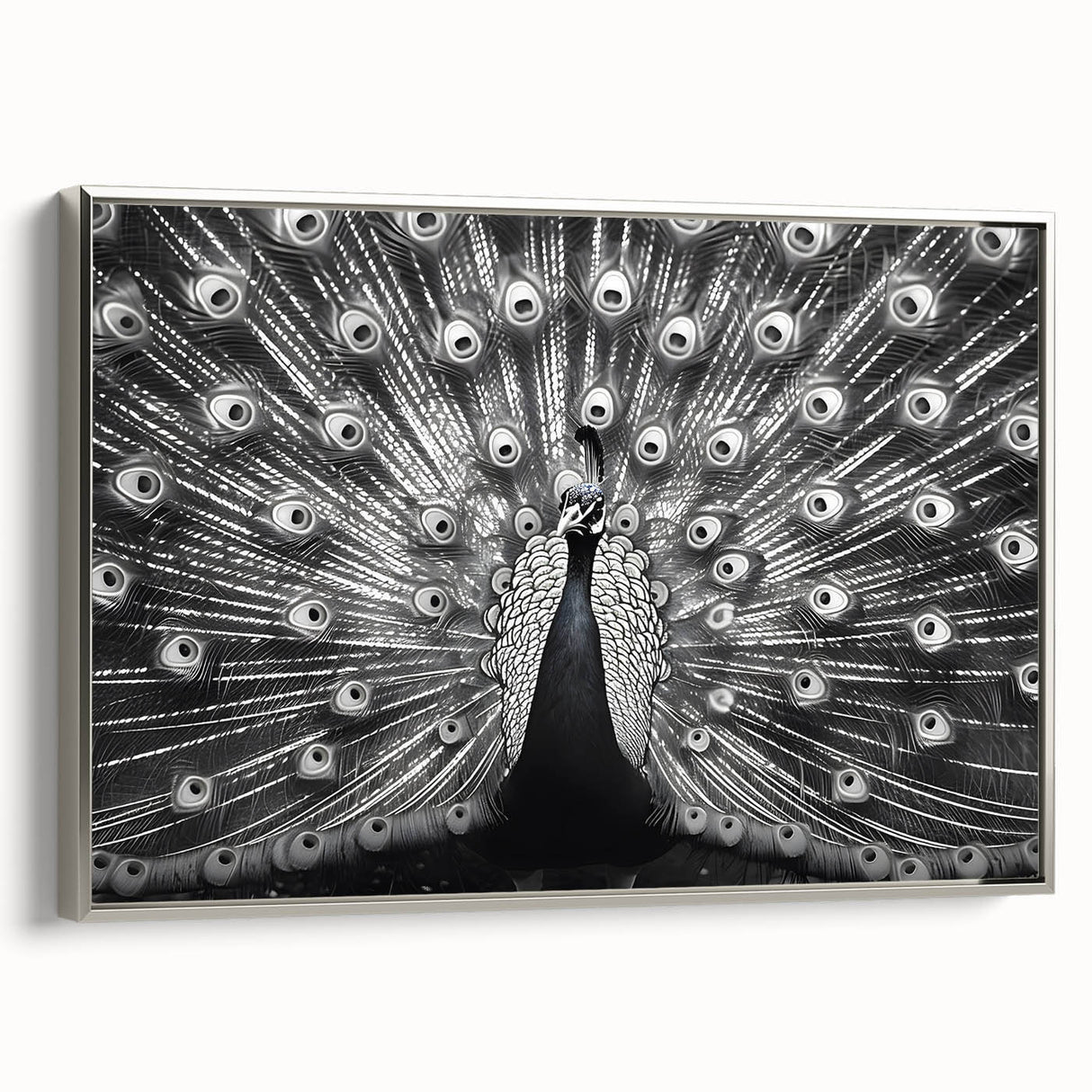 Framed canvas wall art featuring a vibrant peacock design with intricate details in blue and green hues, elegantly displayed from a side view, perfect for enhancing any room's decor.
