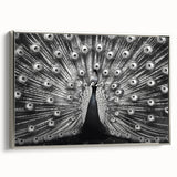 Framed canvas wall art featuring a vibrant peacock design with intricate details in blue and green hues, elegantly displayed from a side view, perfect for enhancing any room's decor.