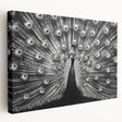 Stretched canvas wall art featuring vibrant peacock design with rich blue and green hues, showcasing intricate feather details, perfect for home decor.