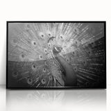 Framed wall art showcasing a vibrant peacock design in rich colors, set against a sleek black background, perfect for adding elegance to any home decor.