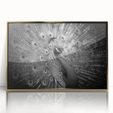 Framed wall art featuring a vibrant peacock design in rich gold and blue tones, showcasing intricate details and elegant framing, perfect for enhancing home decor.