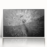 Framed acrylic wall art featuring an intricate peacock design in vibrant colors, set against a white background, perfect for enhancing modern home decor.