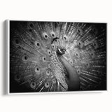 Framed canvas wall art featuring an elegant peacock design in vibrant colors, set against a white background, showcasing intricate details and textures, perfect for home decor.