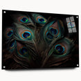 Acrylic glass wall art showcasing a stunning peacock design, featuring vibrant colors and intricate details, mounted with pins for a modern display.