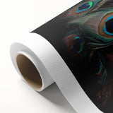 Vibrant peacock design wall art on rolled canvas, showcasing intricate feather patterns in rich blue and green hues, perfect for home decor.