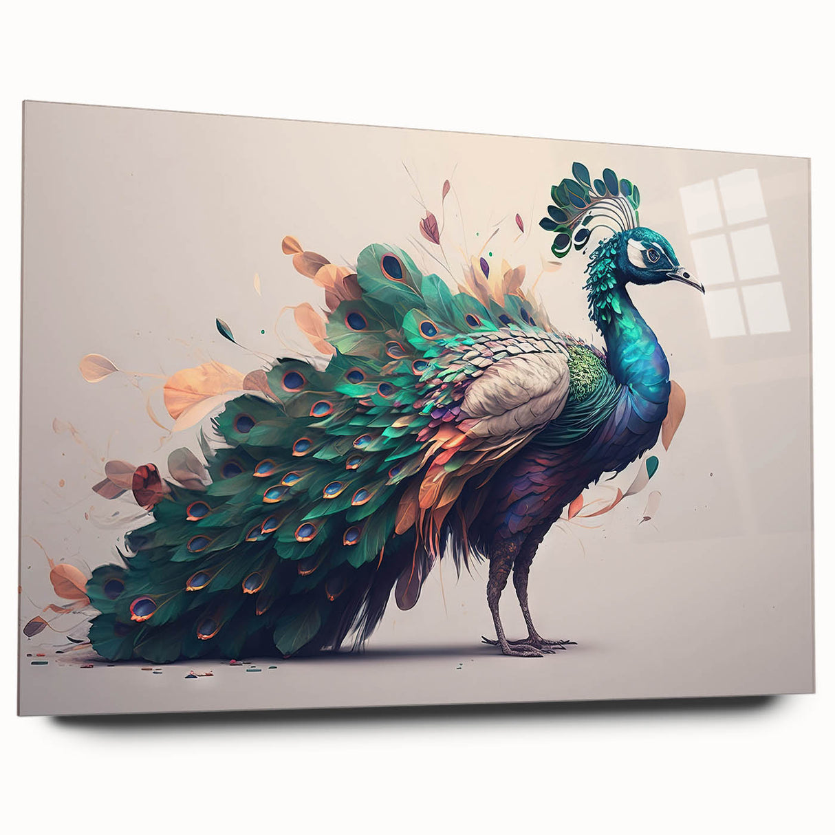 Elegant peacock design wall art collection displayed in acrylic glass, showcasing vibrant colors and intricate details, perfect for modern home decor. The artwork captures the beauty of nature, adding a touch of sophistication to any space.