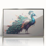 Framed wall art featuring a vibrant peacock design in shades of blue and green, elegantly displayed with a sleek silver frame, perfect for modern home decor.