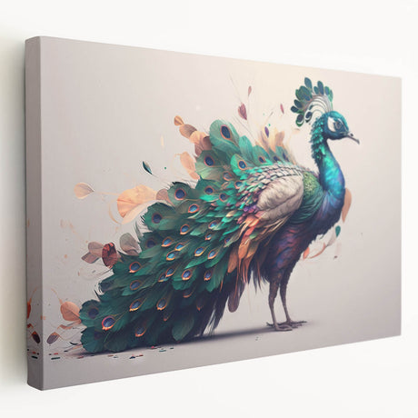 Stretched canvas wall art featuring a vibrant peacock design with intricate feather details, ideal for enhancing modern home decor. Perfect for bird lovers.