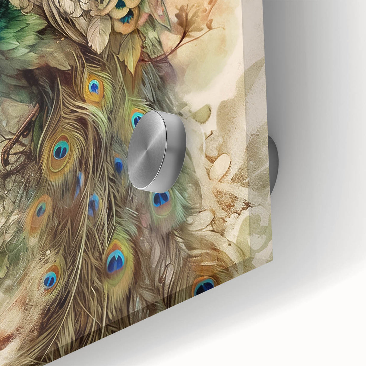 Close-up of a vibrant peacock design wall art piece, showcasing intricate details and rich colors, perfect for home decor enthusiasts seeking unique acrylic decor.