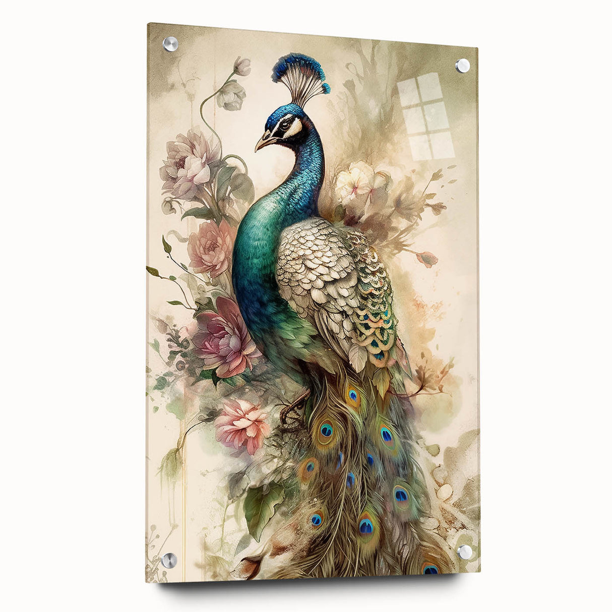 Elegant peacock design wall art collection displayed on a sleek acrylic glass panel, showcasing vibrant colors and intricate details, ideal for modern decor.