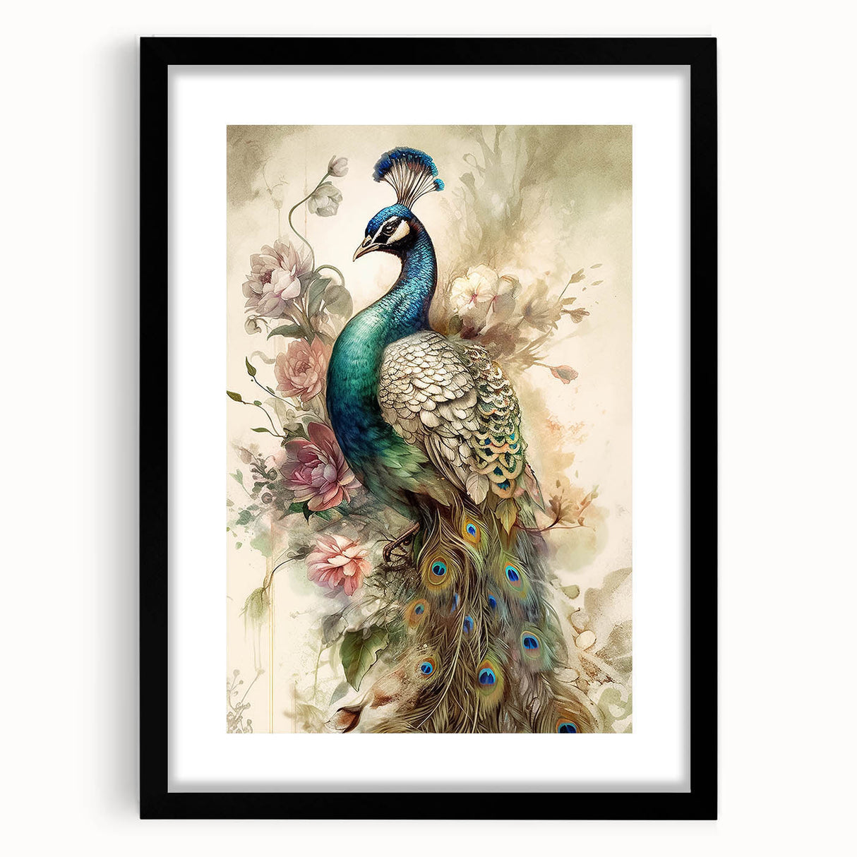 Framed wall art featuring an elegant peacock design in vibrant colors, set in a black frame with a mat, perfect for enhancing contemporary home decor.