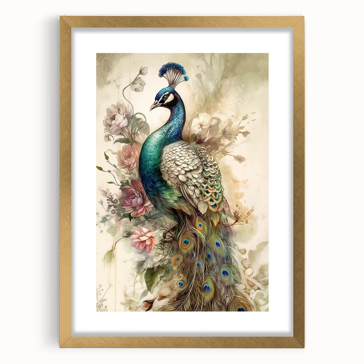 Elegant peacock design wall art framed in gold, showcasing vibrant colors and intricate details, perfect for enhancing any living space decor.