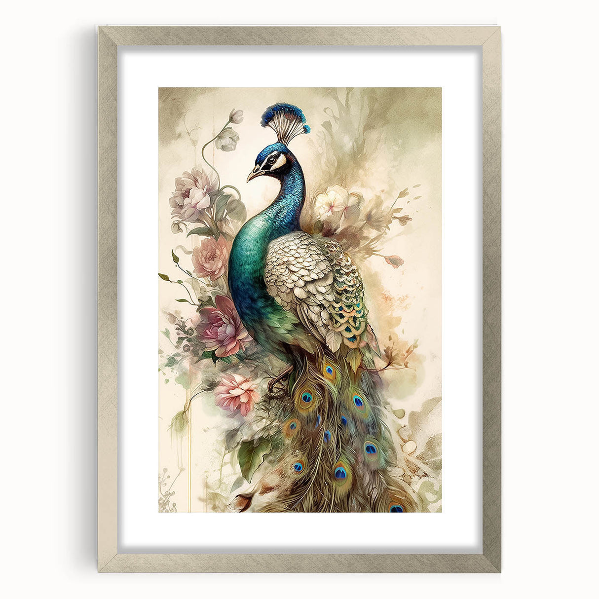 Peacock design wall art print in a silver frame with a mat, showcasing vibrant colors and intricate details, perfect for enhancing home decor.