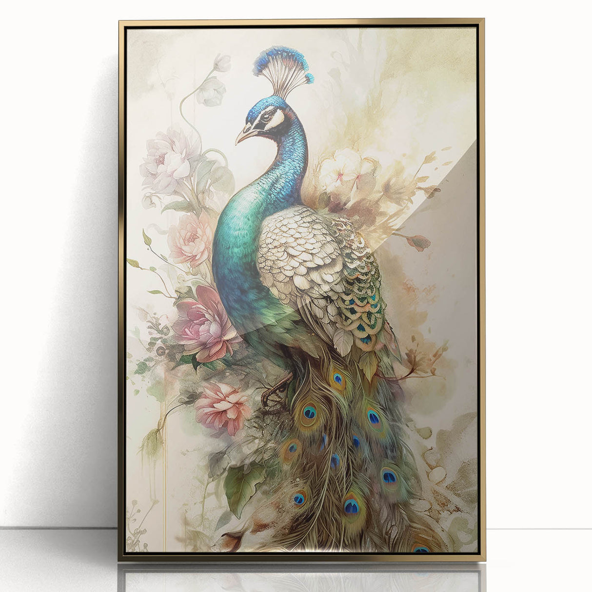 Framed wall art showcasing a vibrant peacock design with intricate details and a gold-acrylic finish, perfect for enhancing modern home decor.
