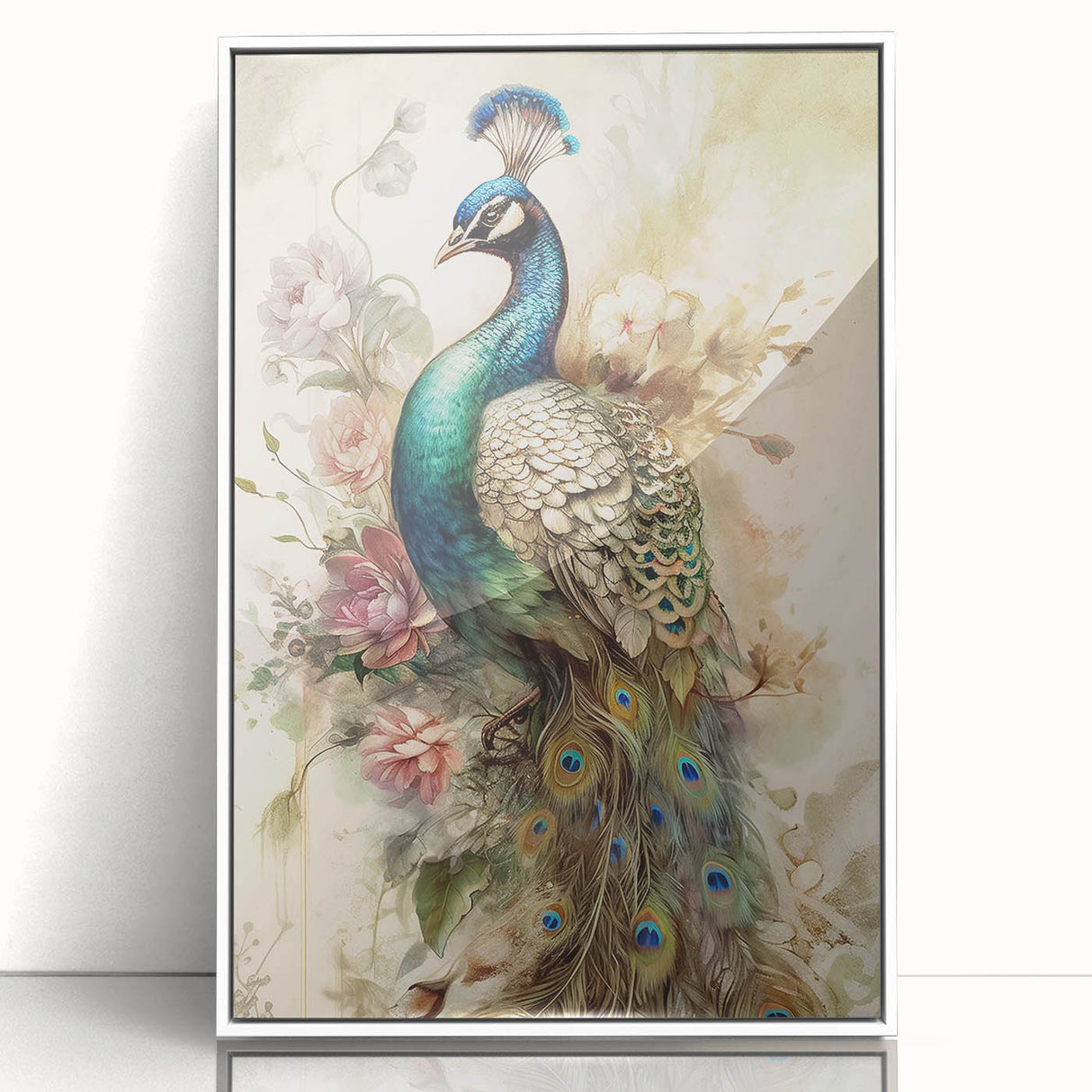 Framed wall art featuring an elegant peacock design in vibrant colors, displayed in a sleek white frame, perfect for enhancing any modern home decor.