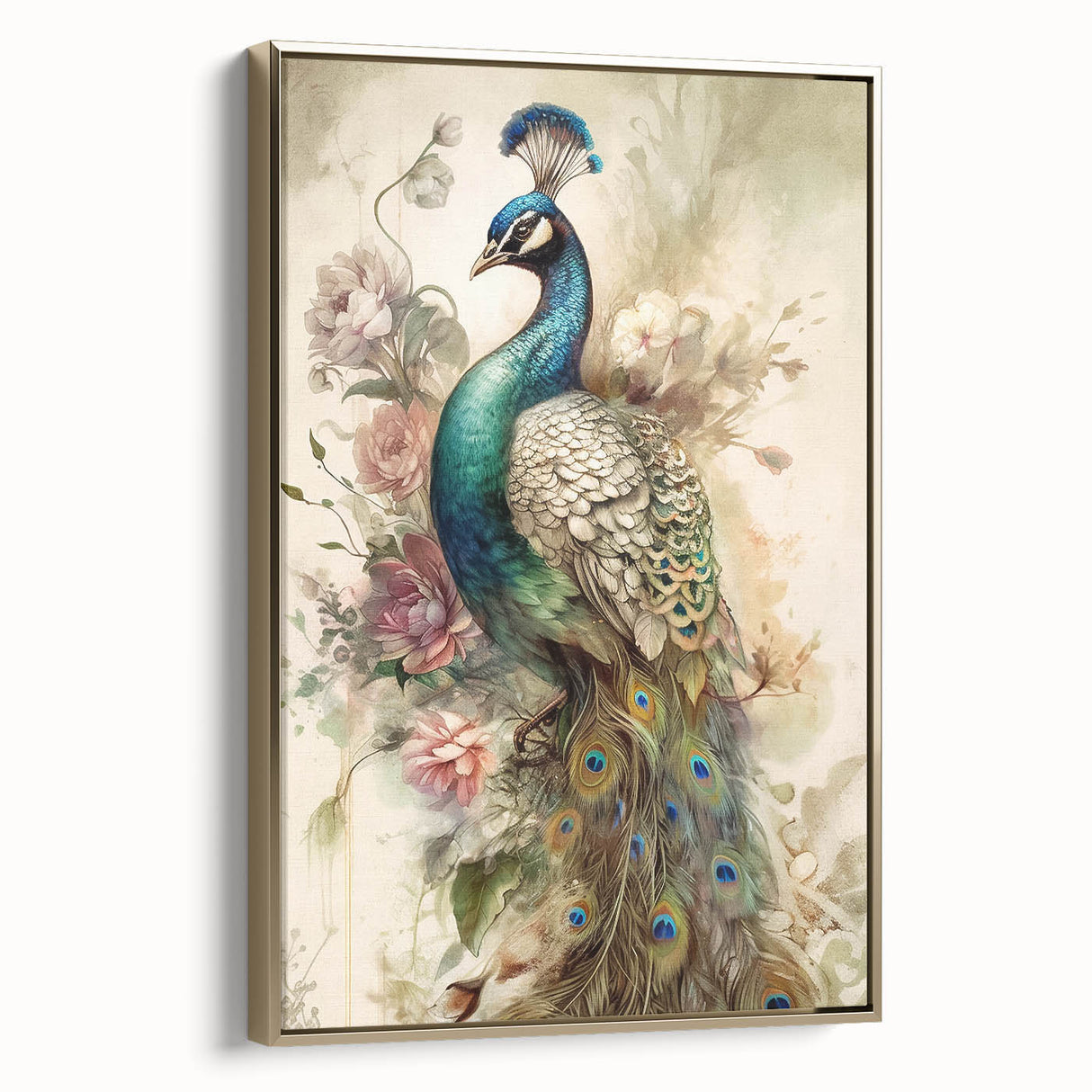 Framed canvas wall art featuring an elegant peacock design in vibrant gold tones, showcasing intricate details and textures, perfect for enhancing home decor.