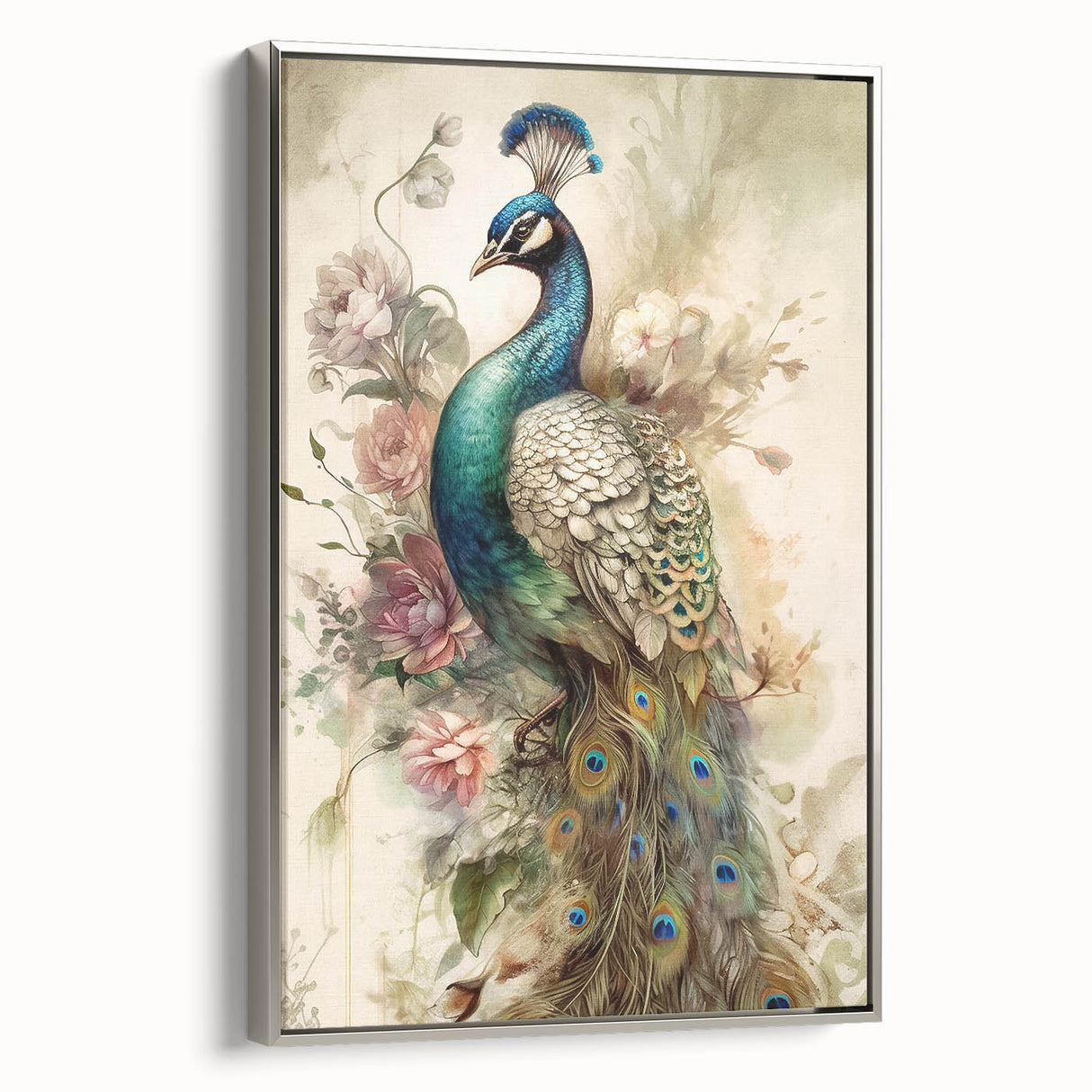 Framed canvas wall art showcasing an elegant peacock design with vibrant colors and intricate details, set against a silver frame, ideal for home decor.