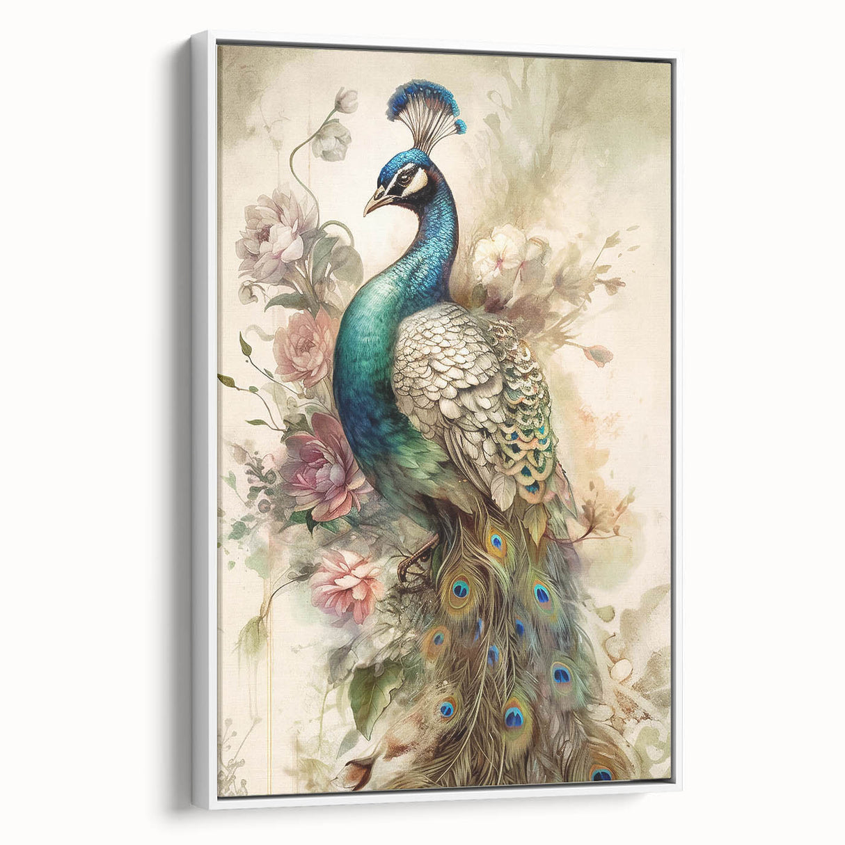 Framed canvas wall art featuring a vibrant peacock design in rich blue and green hues, elegantly displayed against a white background, perfect for enhancing home decor.