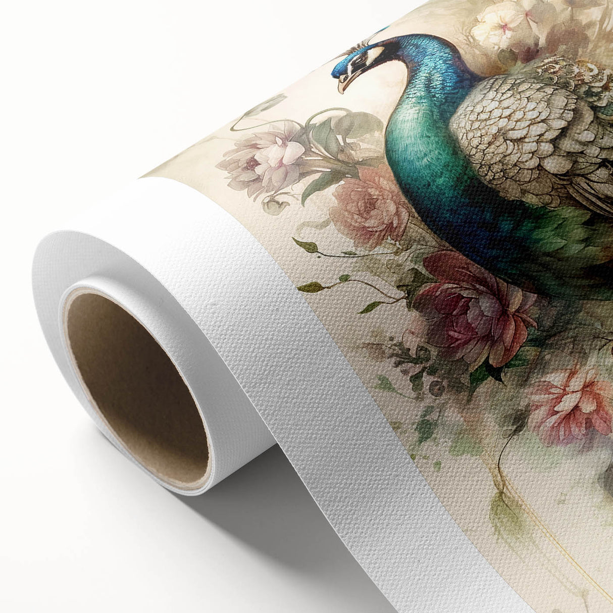Vibrant rolled canvas featuring an intricate peacock design in shades of blue and green, perfect for adding a touch of elegance to any wall decor. Ideal for art enthusiasts seeking unique home accents.