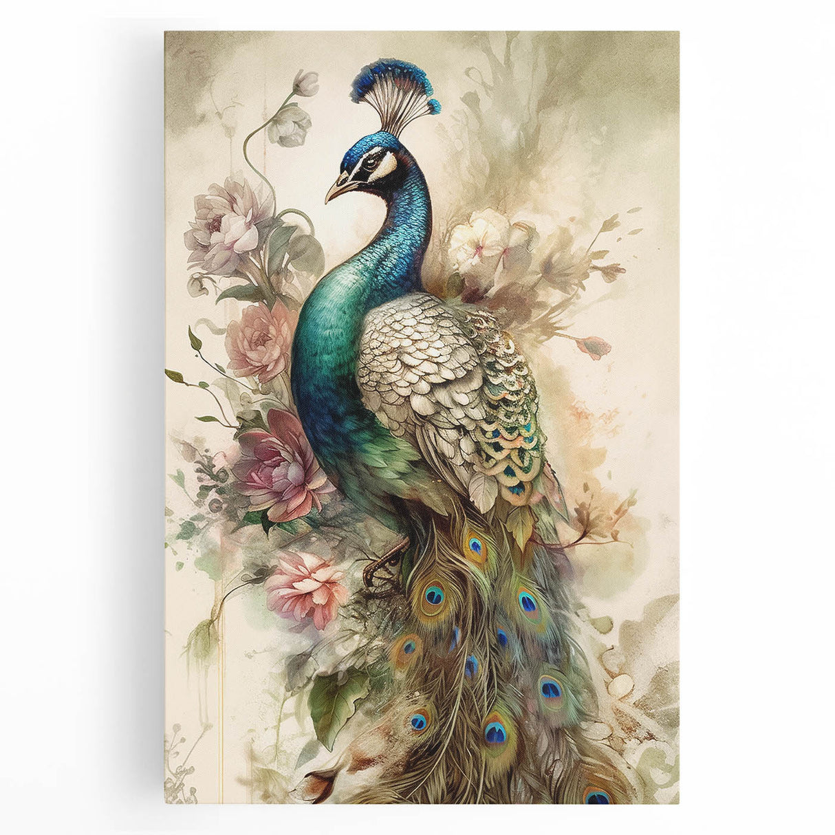 Vibrant peacock design wall art on stretched canvas, showcasing intricate feather details and rich colors, ideal for enhancing any living space or gallery.