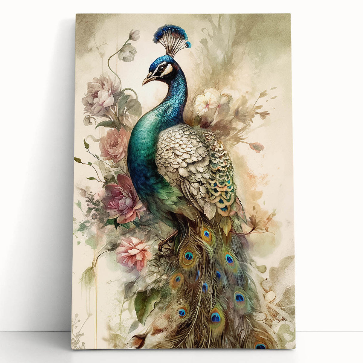 Stretched canvas wall art featuring a vibrant peacock design with intricate details and rich colors, elegantly leaning against a neutral-toned wall for a stylish decor accent.