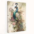Stretched canvas wall art featuring an intricate peacock design in vibrant colors, showcasing elegant feathers and a detailed pattern, perfect for home decor.