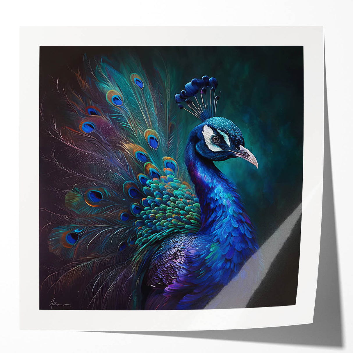 Vibrant peacock design wall art featuring intricate feather patterns in rich blues and greens, ideal for adding a touch of elegance to any home decor.
