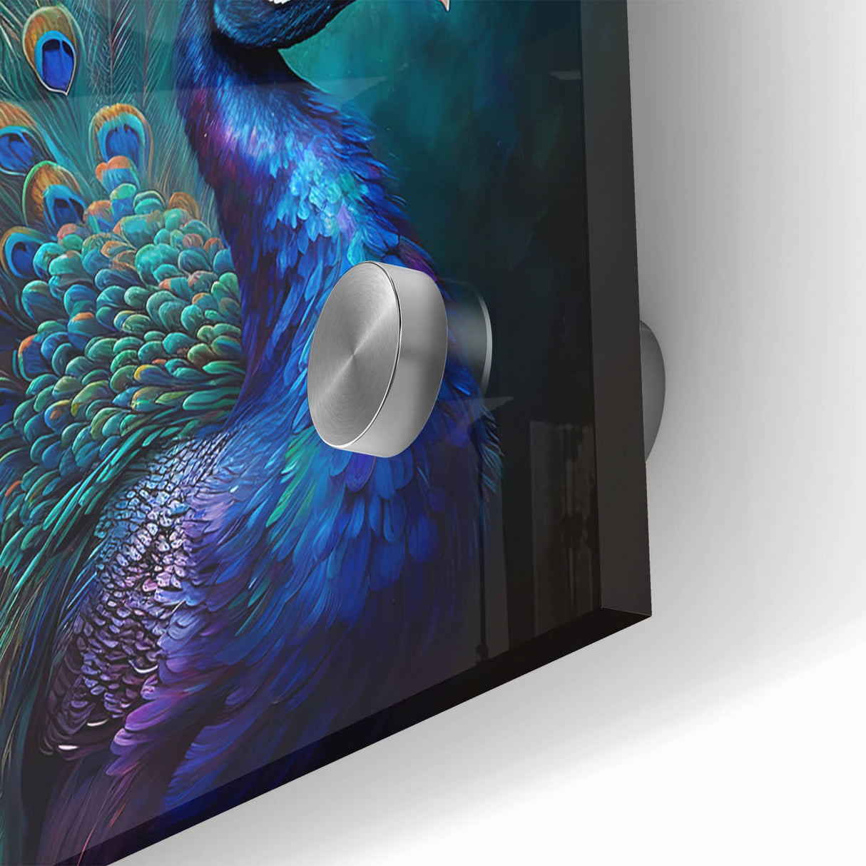 Close-up of a vibrant peacock wall art piece featuring intricate feather designs in rich blues and greens, showcasing the elegant beauty of nature. This acrylic glass artwork enhances modern decor with its stunning detail and vivid colors.