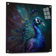 Elegant peacock wall art design displayed in a side view, showcasing vibrant colors and intricate details, mounted with pins for a modern aesthetic.