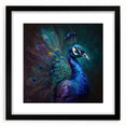 Elegant black-framed wall art featuring a vibrant peacock design on a white background, perfect for adding a touch of sophistication to home decor.