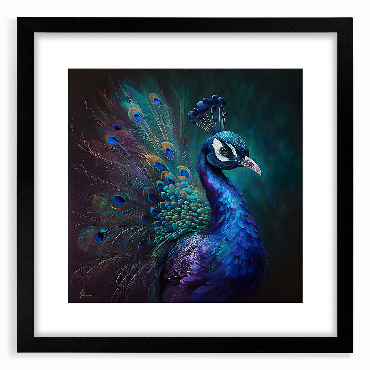 Elegant black-framed wall art featuring a vibrant peacock design on a white background, perfect for adding a touch of sophistication to home decor.