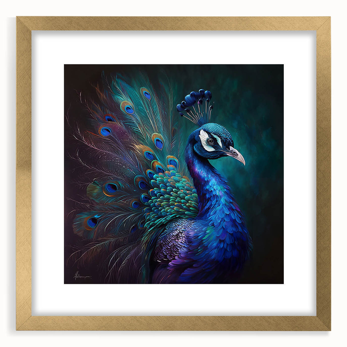 Elegant wall art featuring a peacock design, framed with a gold finish and matte for a sophisticated look, perfect for adding a touch of luxury to home decor.