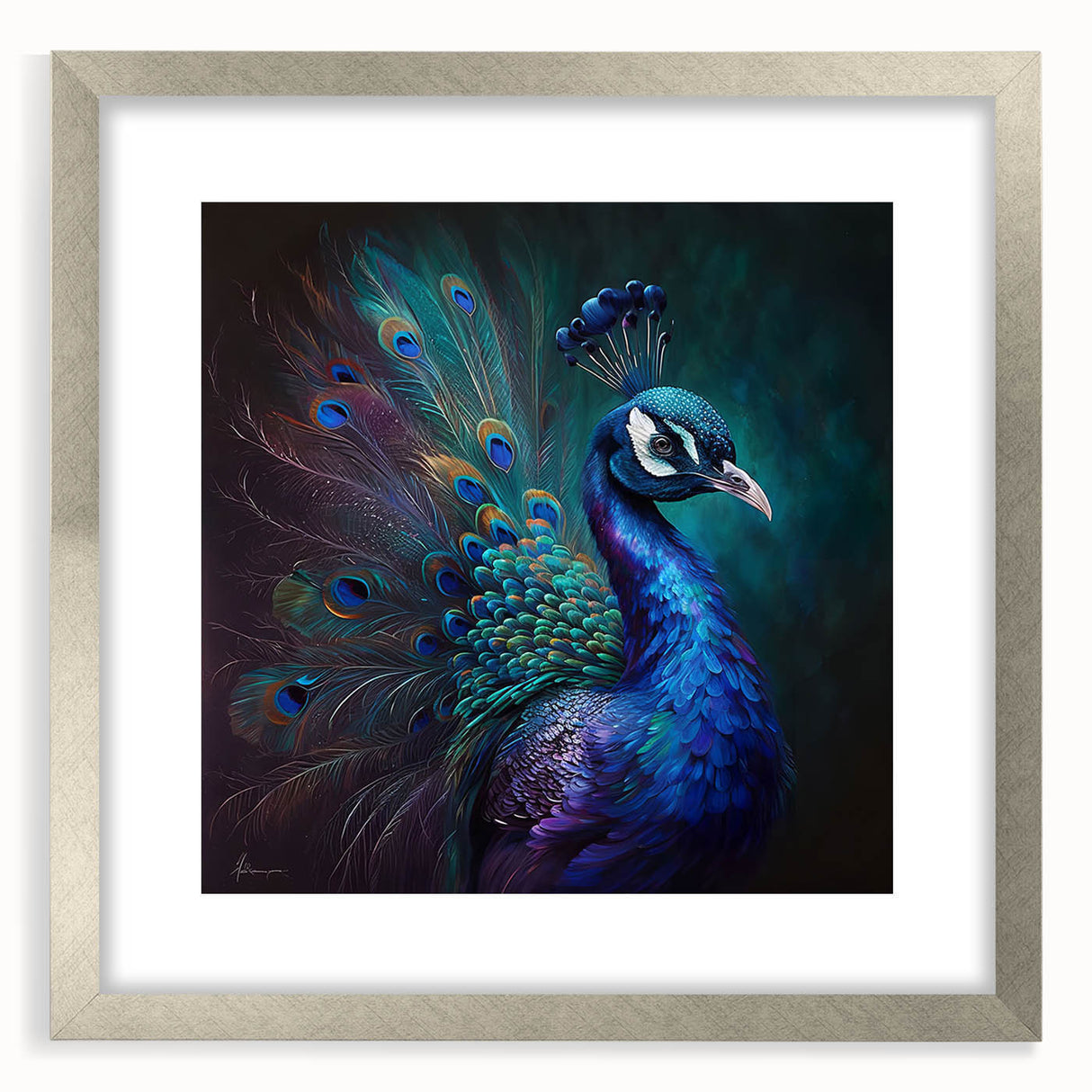 Framed wall art featuring an intricate peacock design in vibrant colors, set in a sleek silver frame with a mat, perfect for enhancing interior decor.