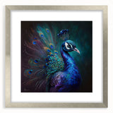 Framed wall art featuring an intricate peacock design in vibrant colors, set in a sleek silver frame with a mat, perfect for enhancing interior decor.