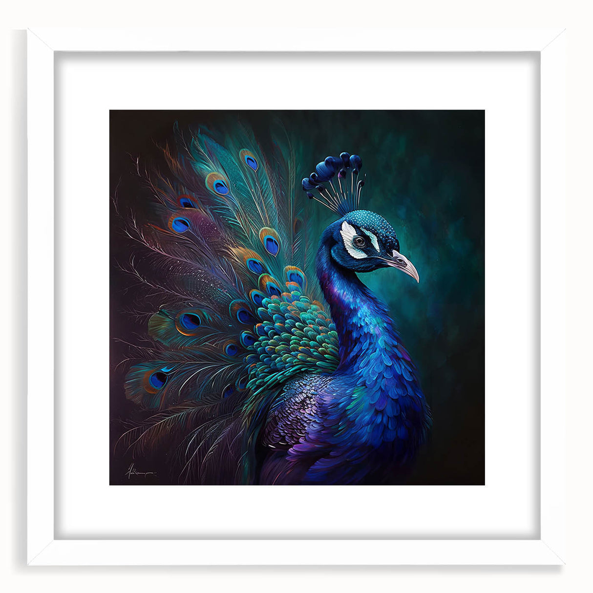 Elegant wall art featuring a peacock design in vibrant colors, framed with a white mat and a sleek black frame, perfect for enhancing modern decor.